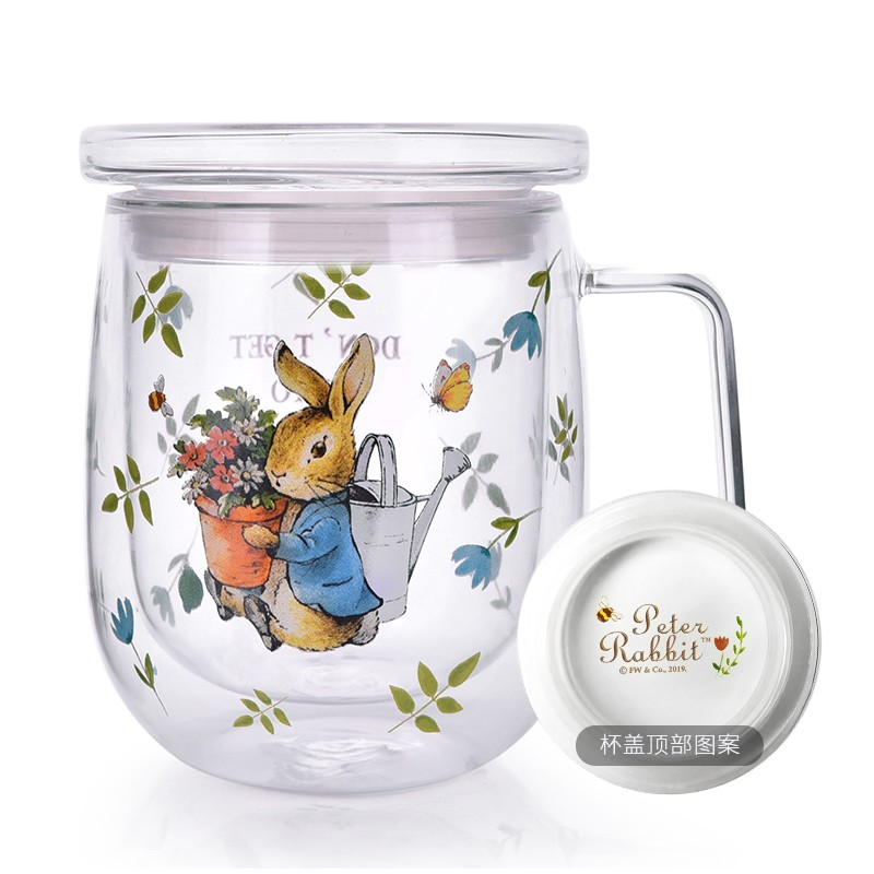 比得兔（Peter Rabbit）双层耐热玻璃杯 茶杯 花茶杯 比得兔印花水杯隔热有盖可爱办公室茶杯 密封玻璃杯盖（园丁兔）