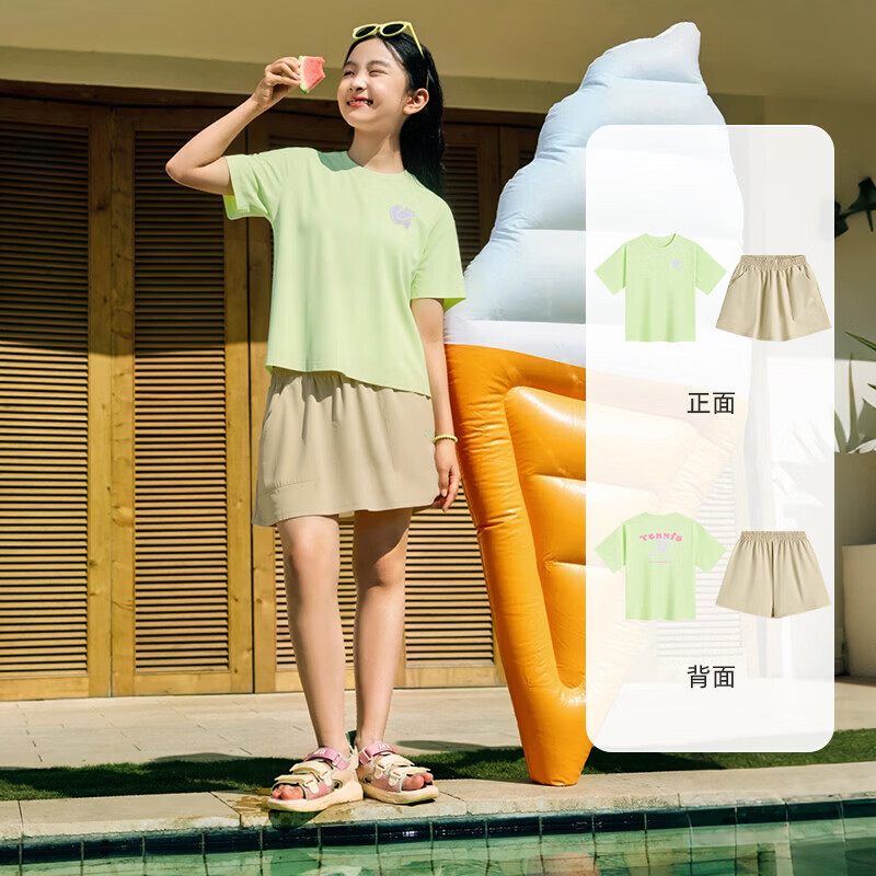 安踏儿童套装女童装2026年新款夏季运动速干短T恤短裤两件装五分裤T恤 【女童露营2件套】枝芽绿/穆卡其 6702-3 165 cm