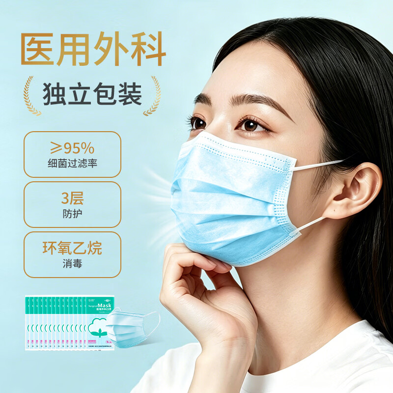 江赫一次性医用外科口罩挂耳式换季防细菌防甲流飞沫三层防护隔离病菌 独立包装【1只/袋 共100只】