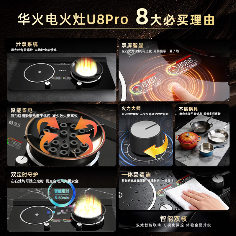 华火电火灶U8pro电生火双灶头家用节能灶台嵌两用无需燃气电陶炉 U8pro 墨玉黑 3500W+抽烟机