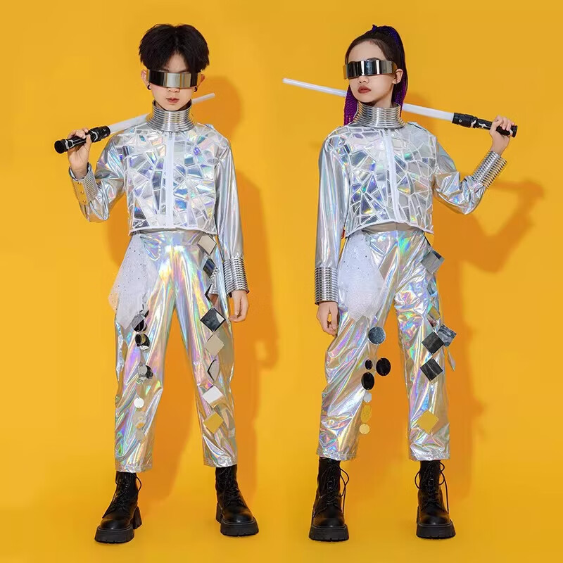 永恒都市六一儿童Ai科技感太空服机器人演出服未来战士亮片嘻哈街舞表演 科技服男女同款【上衣+裤子+脖圈+墨镜+激光剑】 100 cm