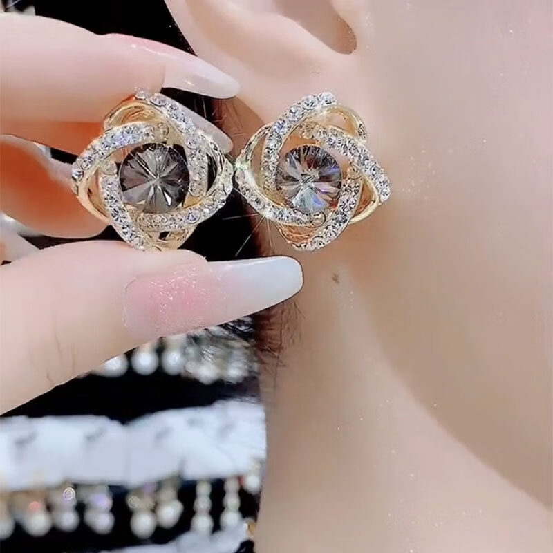 接运猫高级感轻奢灰色水晶耳环女气质名媛小众耳针夸张复古港风法式耳饰 金色银针