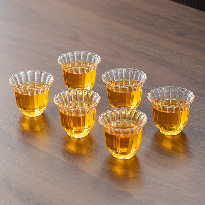 颖器玻璃品茶杯耐热品茗杯功夫茶具配件小杯子加厚透明单杯茶碗主人杯 玻璃花瓣杯【6只装】