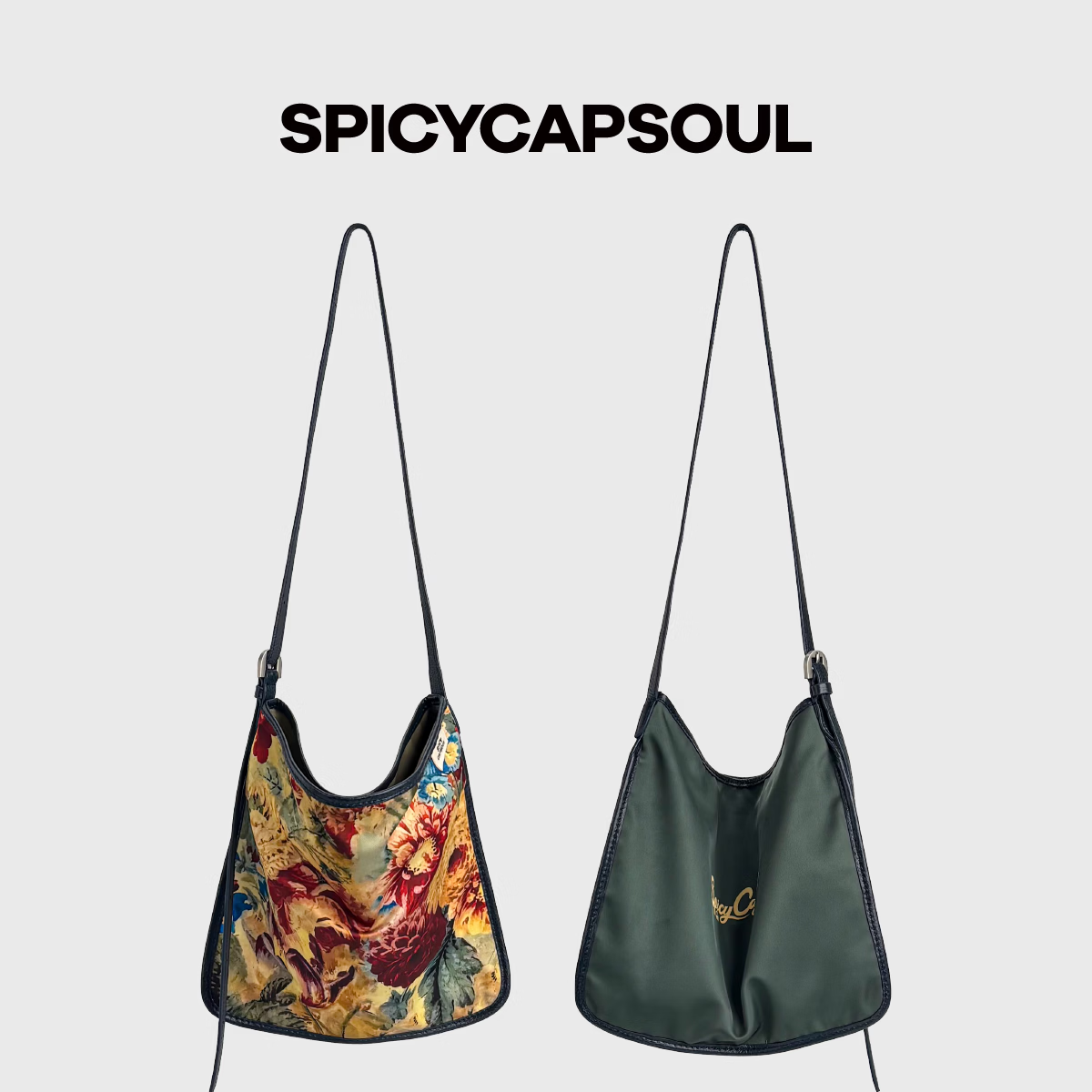 SPICYCAPSOUL【插画师】池金物小众缎面配头层牛皮双面背单肩斜挎托特包 【插画师】救赎天使(湖绿)