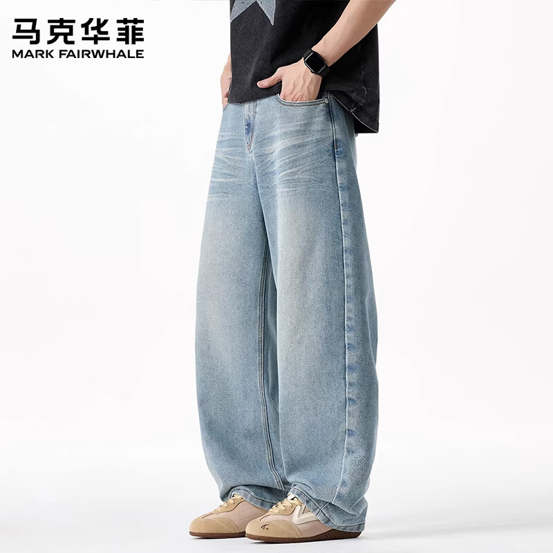 马克华菲(MARK FAIRWHALE)美式复古莱赛尔天丝高街弯刀牛仔裤男2026秋季潮流宽松水洗阔腿裤 蓝色 【春季新品】 30 【建议120-130斤】