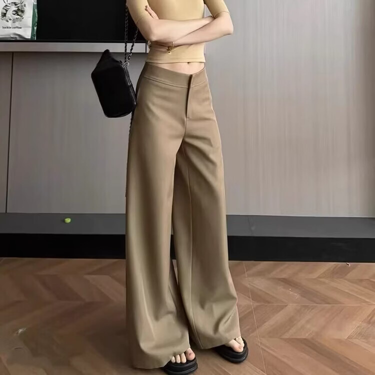 YOUNVFR美式慵懒风设计感西装裤女春夏时尚松弛感低腰拖地裤阔腿裤休闲裤 卡其色 L