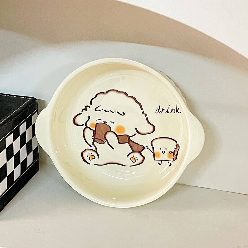 【乐选】奶fufu陶瓷釉下彩双耳碗一人食家用餐具套装带勺筷宿舍泡 面包旺4.5英寸碗(1碗1勺)