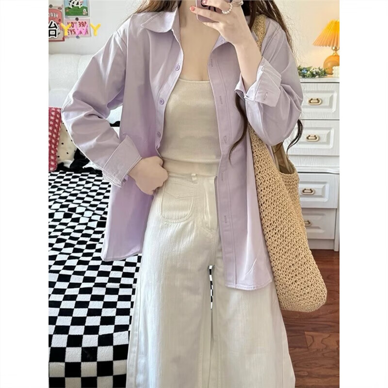 100%纯棉甜美显白浅紫色衬衫女衣外套百搭气质休闲上衣开衫 克莱因蓝色 有口袋 508 S