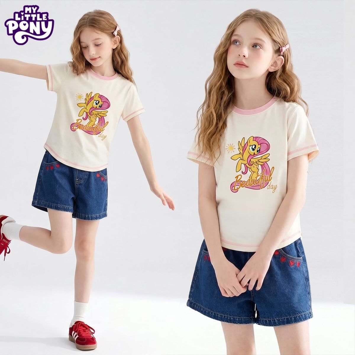 小马宝莉（MY LITTLE PONY）女童夏季2026年新款圆领卡通印花T恤索罗娜修身洋气上衣 柔柔 110