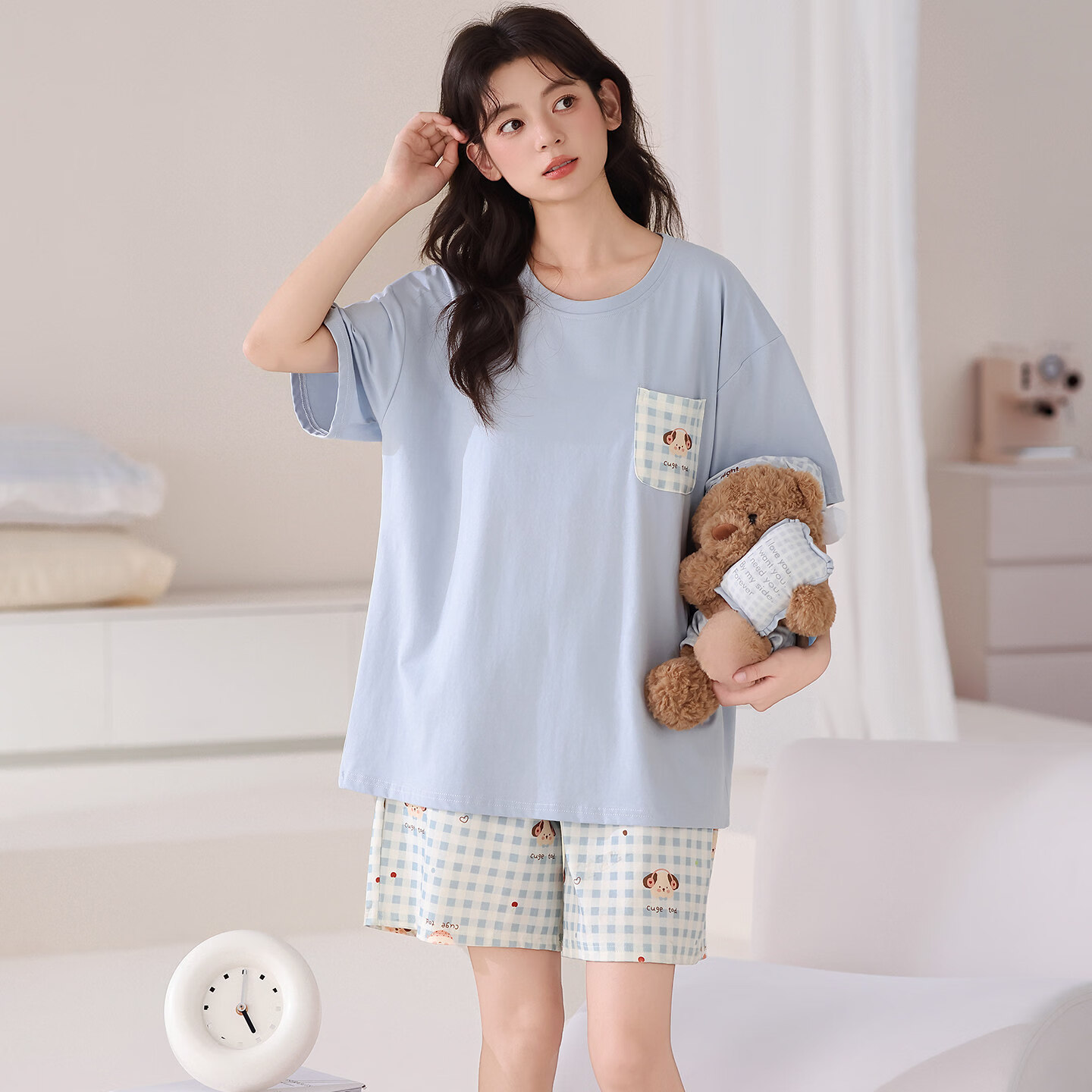 雅鹿睡衣夏季女款100%纯棉甜美短袖短裤新款简约休闲家居服套装 NSALM-蓝色小狗 【100%纯棉】 L 【推荐体重100-120斤】