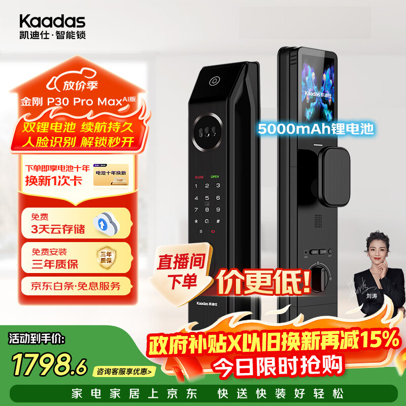 凯迪仕（KAADAS）智能锁人脸识别指纹锁 可视猫眼大屏智能门锁  P30 Pro Max AI版