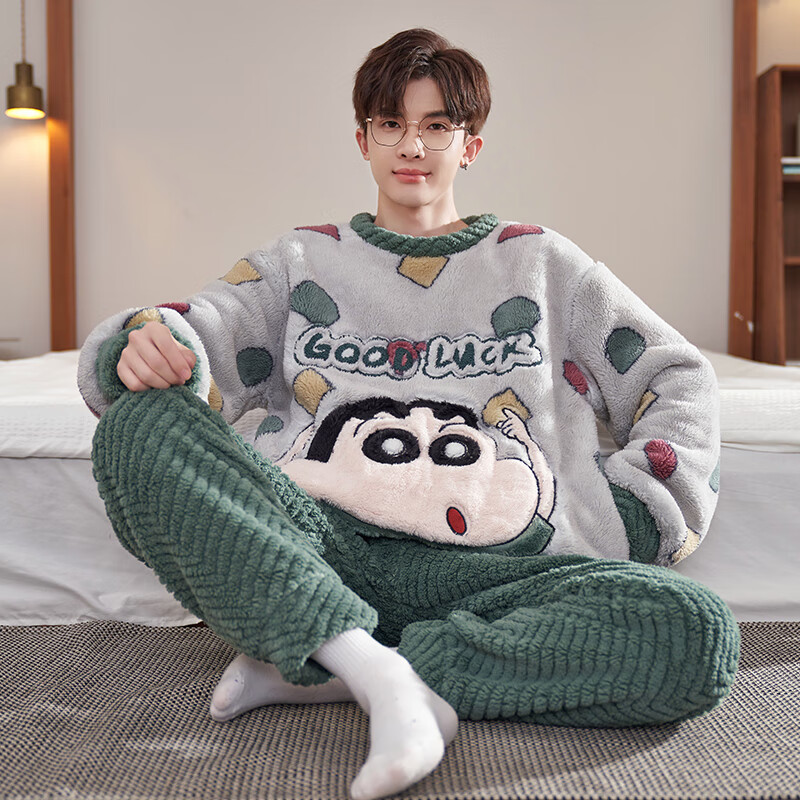 萧淑妃睡衣男冬季加厚保暖法兰绒加大码青少年学生原创卡通珊瑚绒家居服 蜡笔小新 5XL