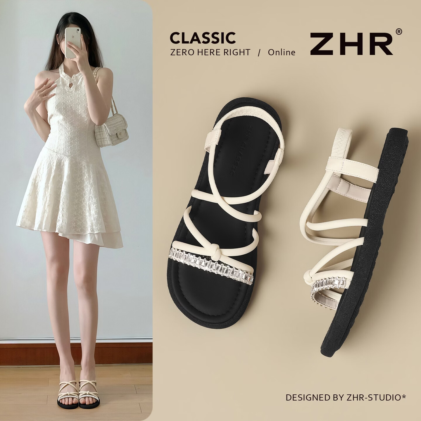 ZHR则则平底罗马凉鞋女2026夏季新款水钻一字带凉鞋沙滩鞋子 KN382米色38