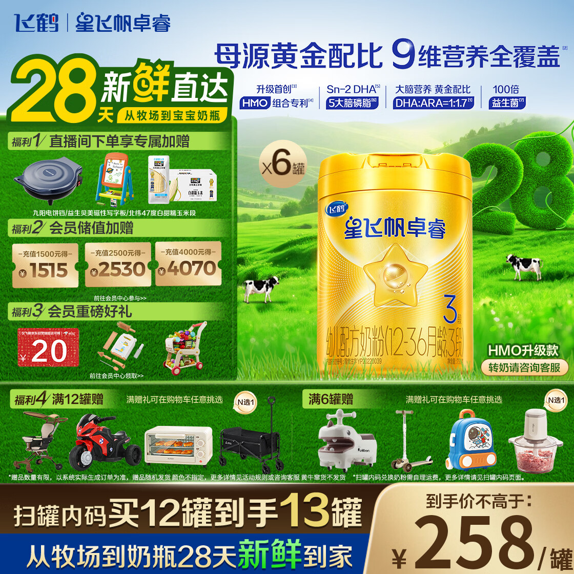 飞鹤星飞帆卓睿 3段幼儿配方奶粉(1-3岁)750g*6罐 HMO 28天新鲜直达