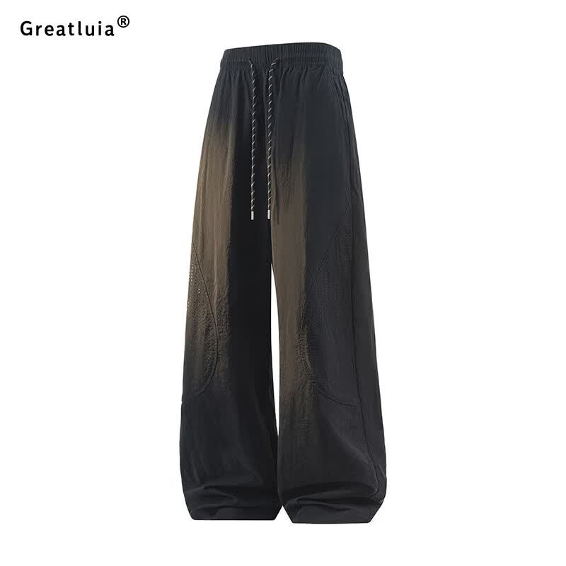 GREATLUIA夏季新款美式高街冰丝阔腿裤男青年宽松抽绳网眼透气机能休闲裤 黑色 XL