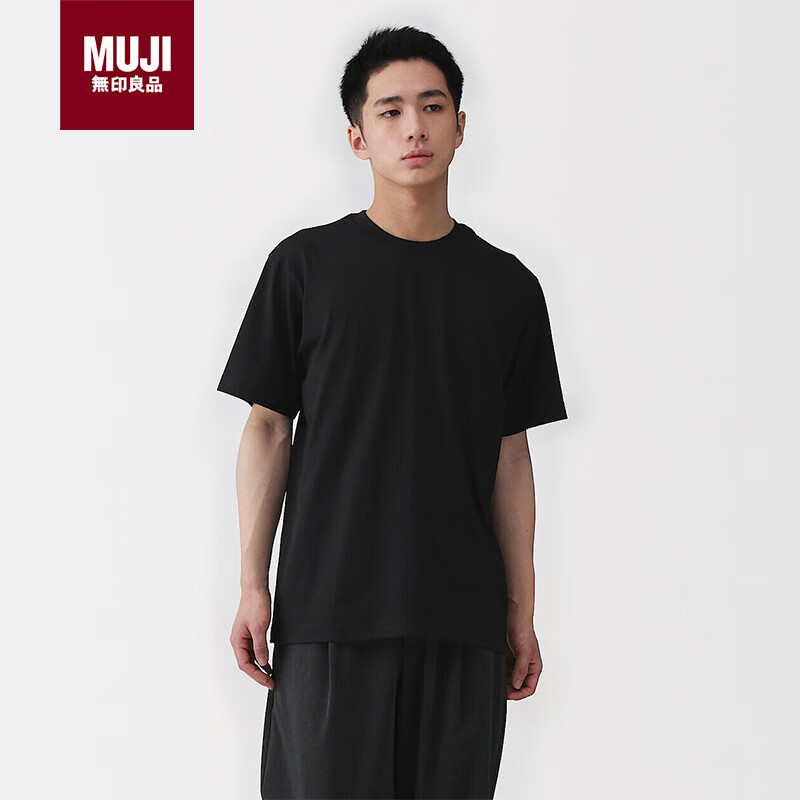 MUJI男式天竺编织圆领短袖T恤男士打底衫男款休闲上衣夏季男装 黑色 L