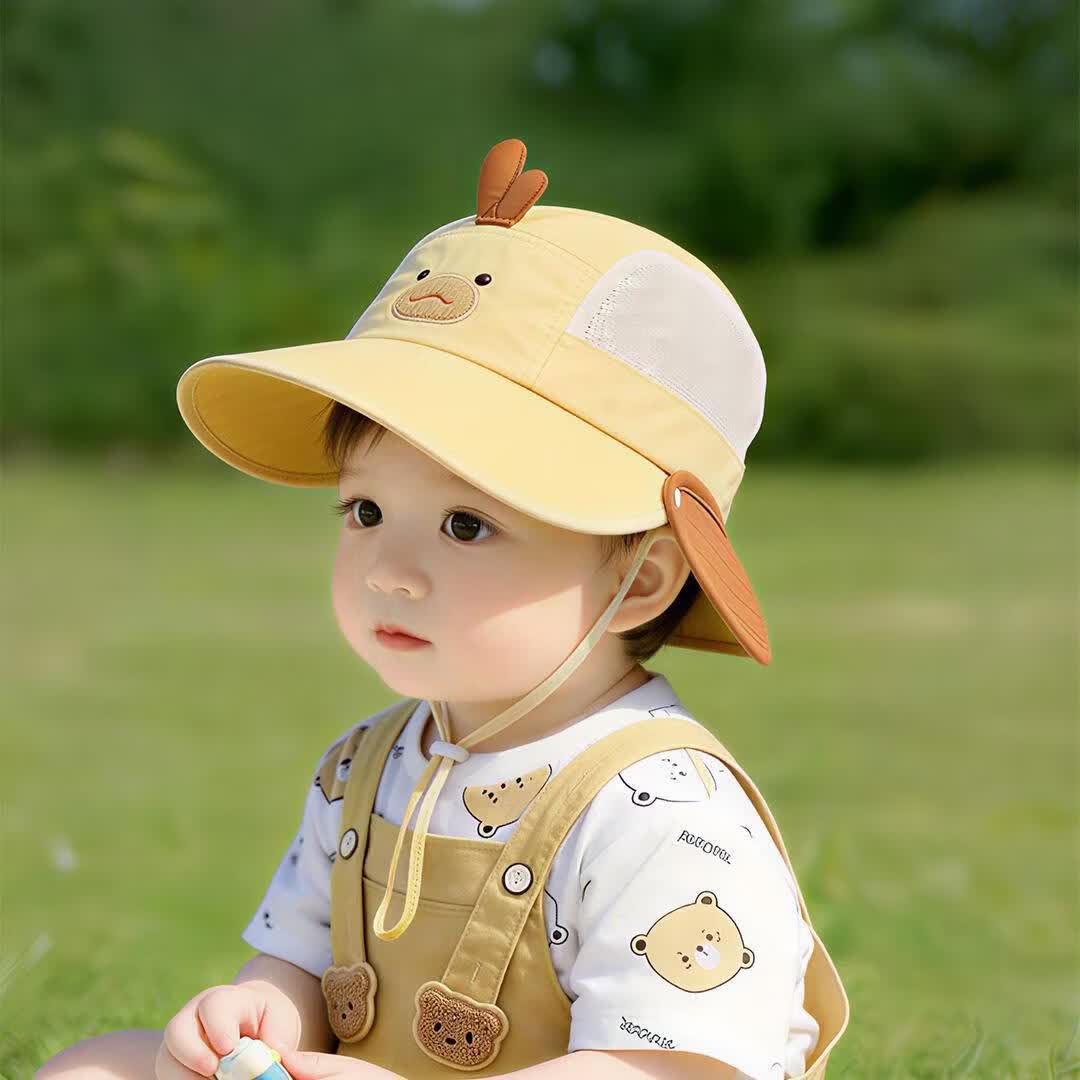 wua·wua儿童帽子春夏季透气薄款防晒帽男女宝宝可爱卡通户外遮阳帽渔夫帽 立体卡通双檐黄 1-5岁头围46-52cm)