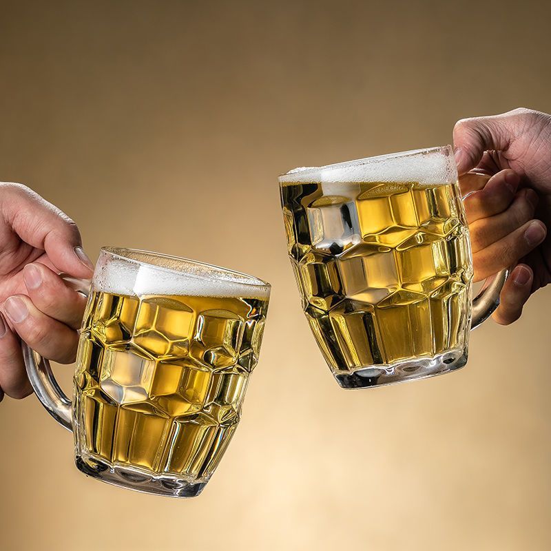 玻璃啤酒杯扎啤杯子家用大容量菠萝把手水杯带把 玻璃啤酒杯【单只】