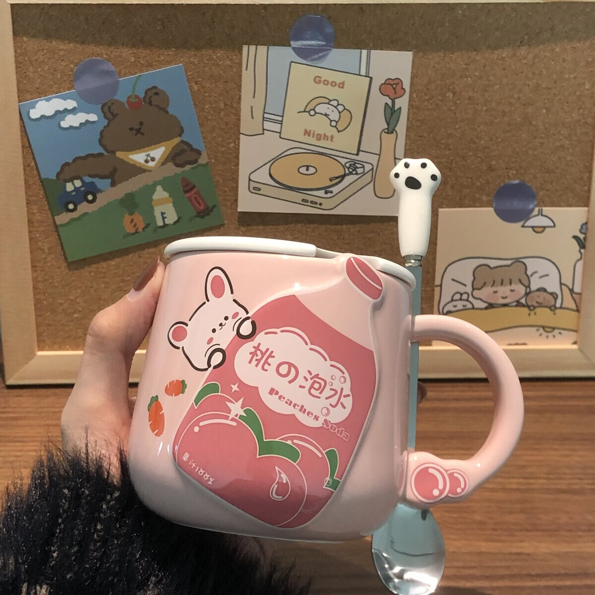 溥畔情侣对杯陶瓷杯马克杯带盖勺可爱女生水杯办公室咖啡杯早餐杯 蓝色百事(杯+盖+陶瓷猫爪勺)