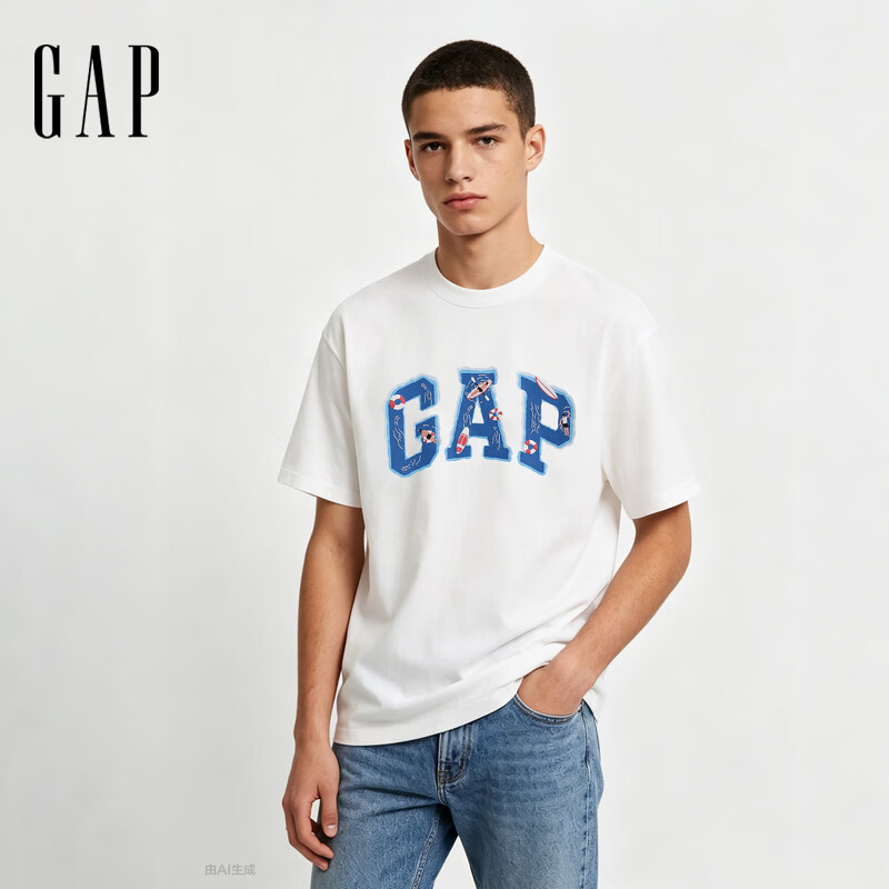 盖璞Gap男女装2026夏季新款纯棉logo印花沙滩圆领短袖T恤上衣891400 白色 L (175/96A)亚洲尺码
