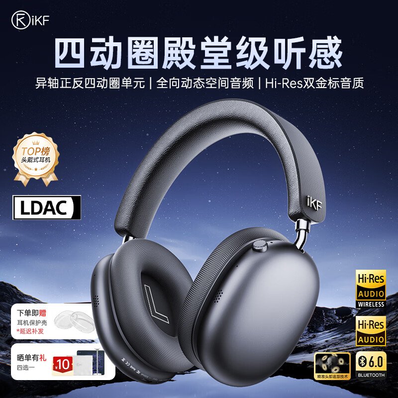 iKF Mars HiFi【异轴正反四动圈】头戴式降噪蓝牙耳机有线无线双金标音质适用苹果华为小米 雅典灰