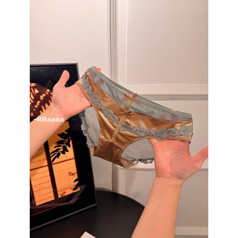 丝缎芭蕾 纯欲性感蝴蝶结缎面蕾丝内裤女低腰诱惑包臀透明三角裤 咖啡色 均码 (80-125斤)