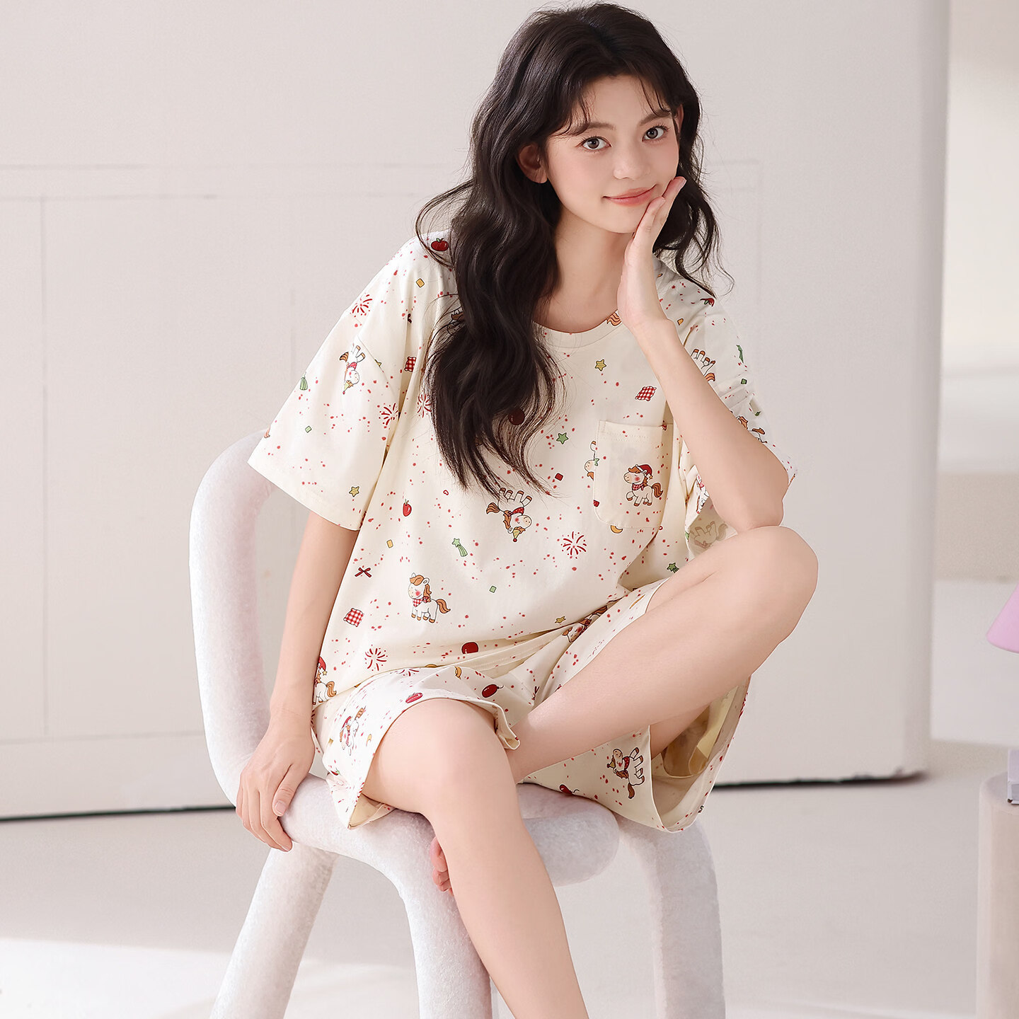 雅鹿睡衣夏季女款100%纯棉甜美短袖短裤新款简约休闲家居服套装 NSALM-米白小马 【100%纯棉】 XL 【推荐体重120-140斤】
