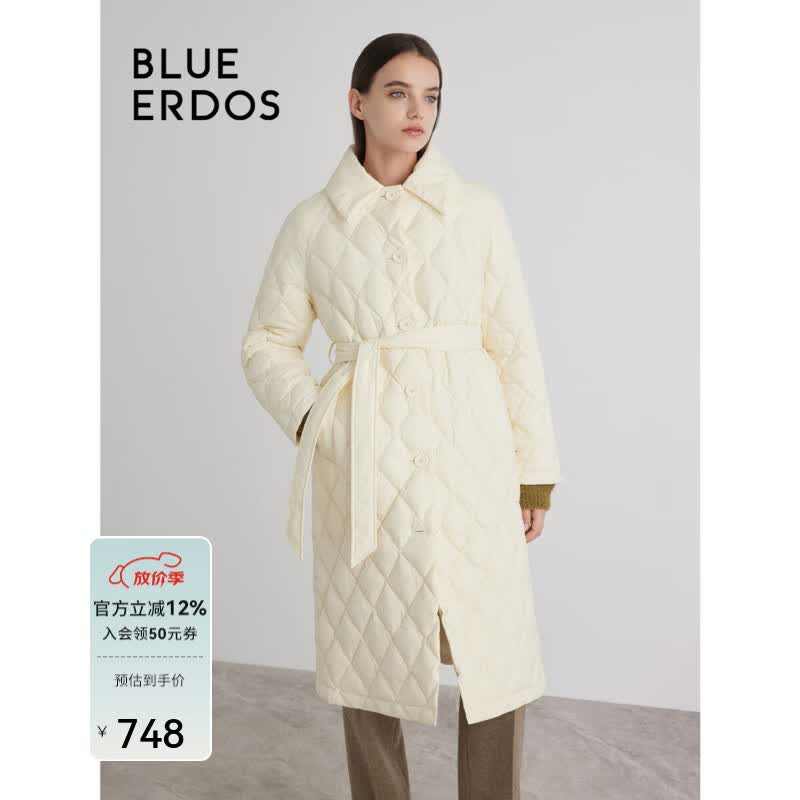 BLUE ERDOS羽绒服女秋冬翻领复古格纹保暖长款厚外套B236JG013 浅米黄 XS 155/76A