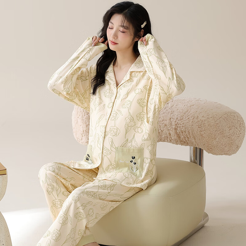 ROVO月子服产妇夏季薄款孕妇装产后睡衣套装居家服夏季薄款带胸垫 浅绿印花 XL