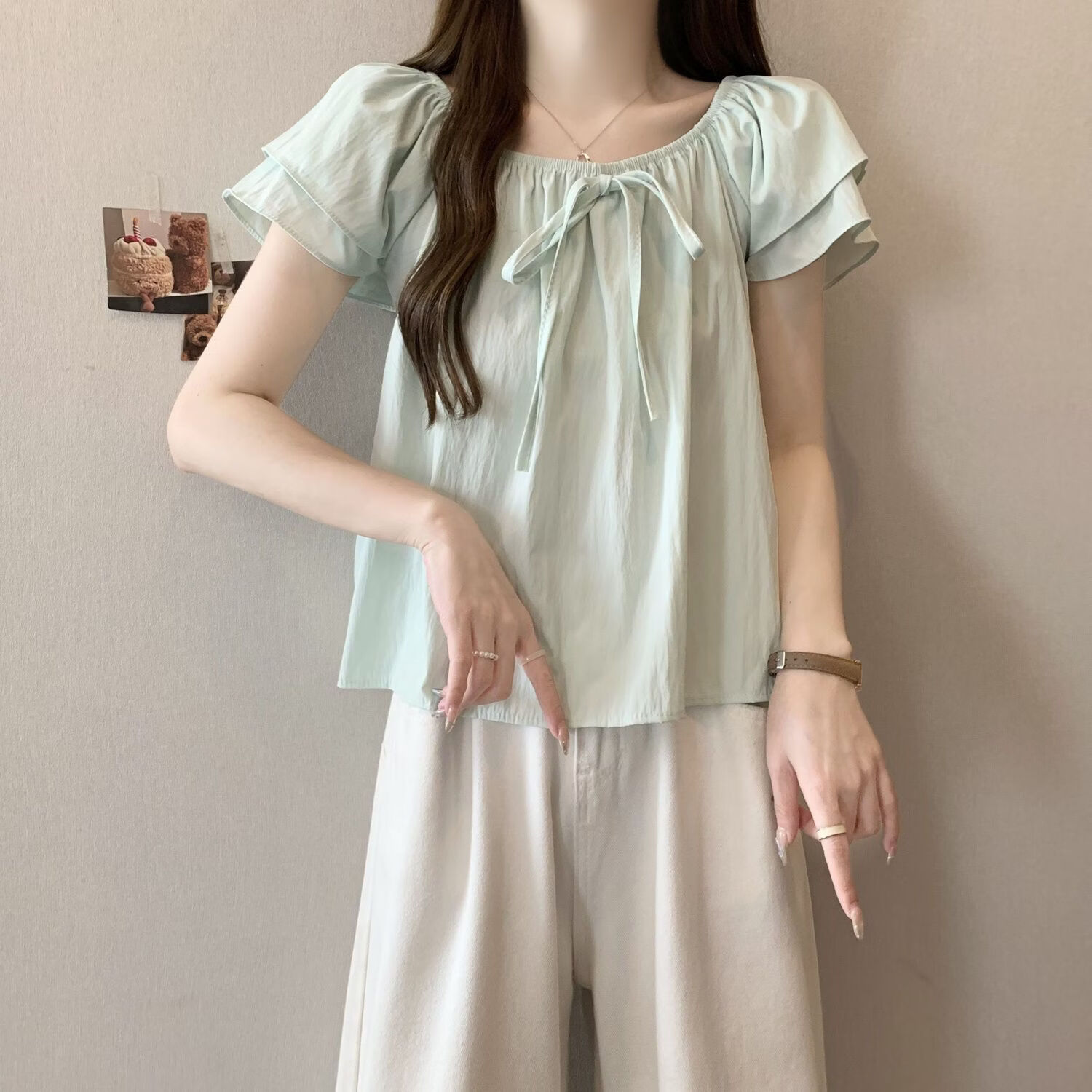 CKRYZ蝴蝶结系带宽松露肩短袖衬衫女夏季法式薄荷绿色衬衣遮肉显瘦上衣 粉色 S 建议100斤以内