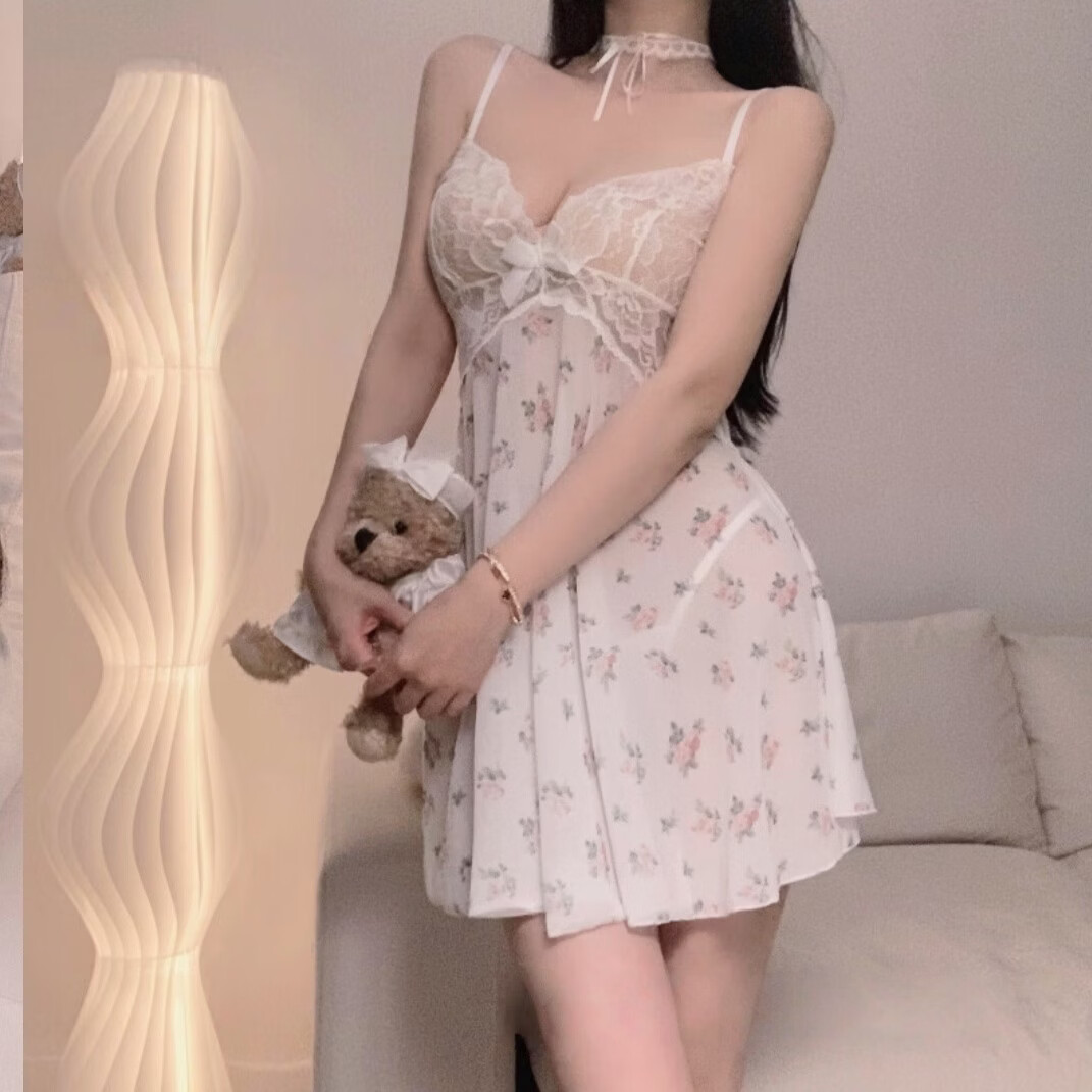 网纱纯欲风碎花连衣裙女生性感蕾丝吊带免脱诱惑睡衣 蝴蝶 均码