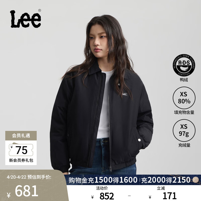 Lee舒适版翻领小Logo织标男女款飞行夹克羽绒服休闲LUT0109512RZ 黑色（尺码偏大，拍小一码） L