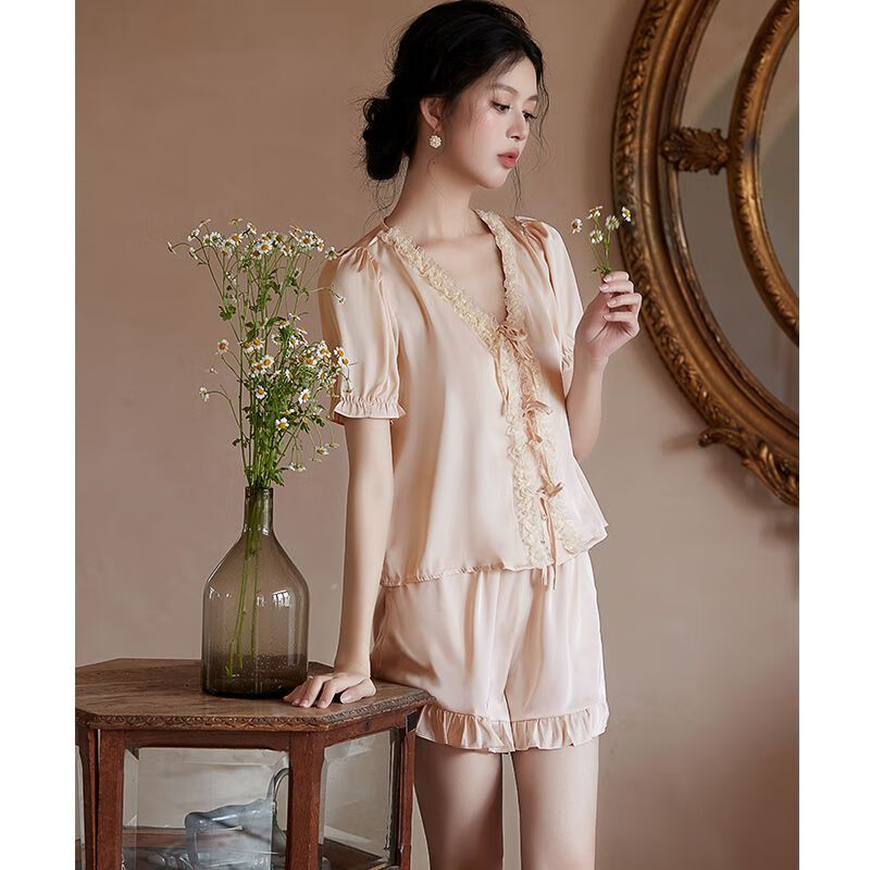查理夫人睡衣女春夏季冰丝短袖短裤两件套装性感风套装家居服 香槟粉