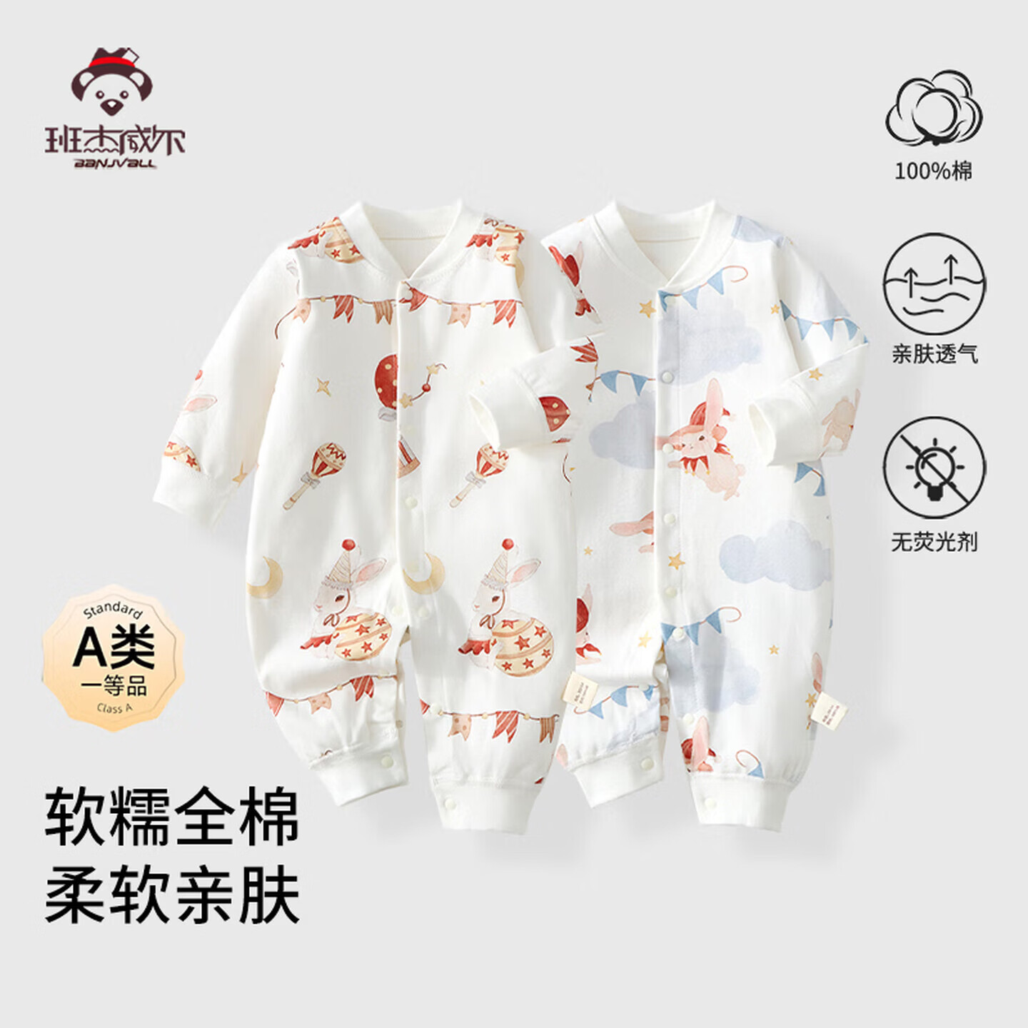 班杰威尔(Banjvall)2件装婴儿衣服春夏季纯棉无骨0-1岁宝宝连体衣新生儿哈衣爬服睡衣 四季款2件(复古兔+白云兔) 66cm (3-6个月)尺码偏大不用刻意拍大