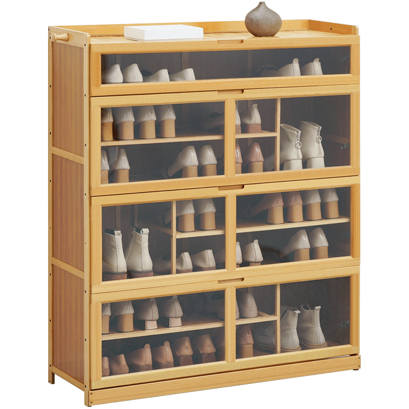 老竹匠简易落地多层客厅翻门鞋柜子玄关多功能小鞋架简约家用楠竹换鞋凳置物架防尘大容量鞋凳透明门七层80长