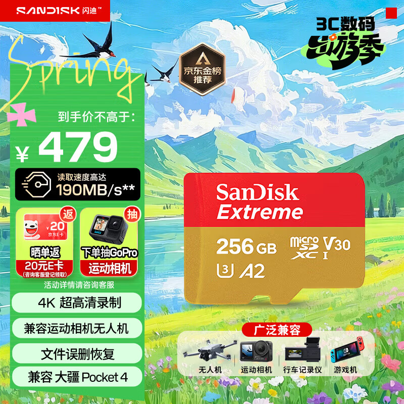 闪迪（SanDisk）256GB TF(MicroSD)内存卡4K极速金卡 A2 V30 U3 兼容大疆Pocket 4/Action 6运动相机 无人机存储卡