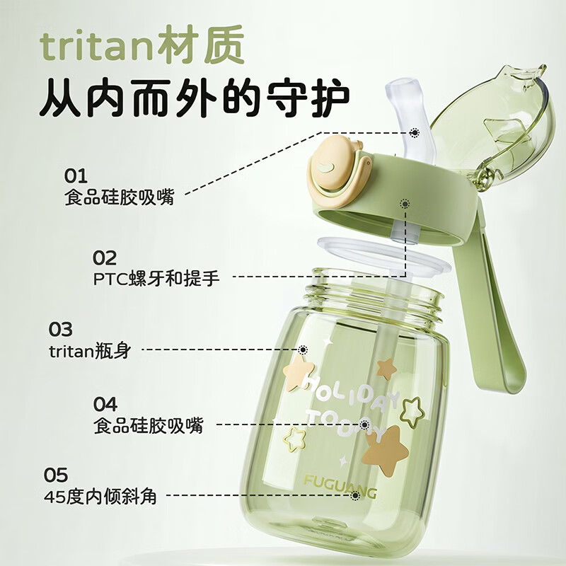 富光塑料杯 新款Tritan材质吸管水杯 耐高温便携防漏儿童上学水杯专用 【Tritan材质】新款儿童便携375ML-绿色