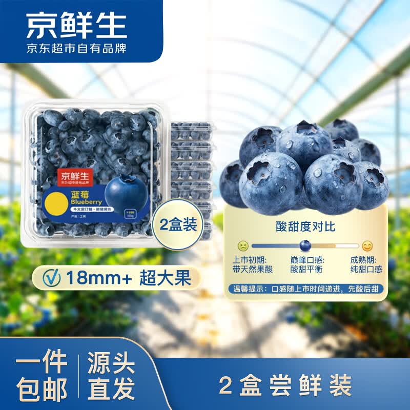 京鲜生 云南高原阳光蓝莓 2盒超大果18mm+装 100g/盒 生鲜水果源头直发