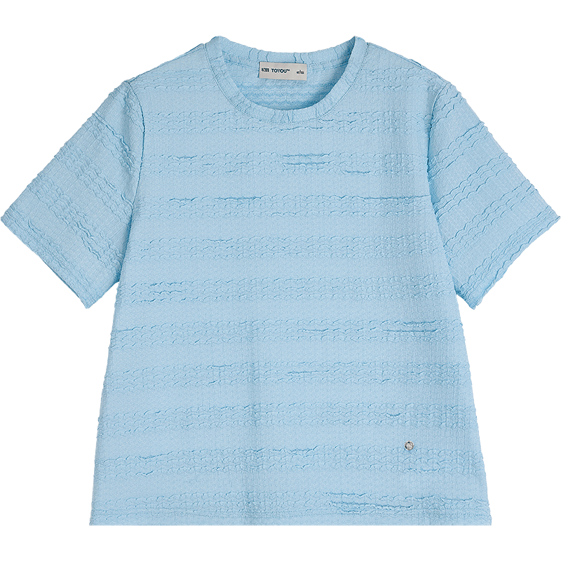 初语航海系T恤女2026夏季新款立体波浪肌理感圆领合体显瘦上衣 湖蓝色 L