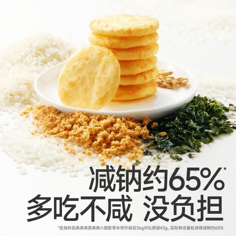 秋田满满零食海苔胚芽米饼入口溶肉松磨牙饼干儿童零食磨牙棒【减钠65%】 肉松胚芽米饼36克3袋+海苔3袋