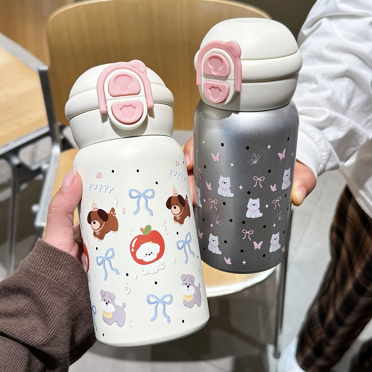 溥畔双饮水杯女高颜值可爱学生便携不锈钢吸管子 西高地双饮杯+白色500ML(PC款)