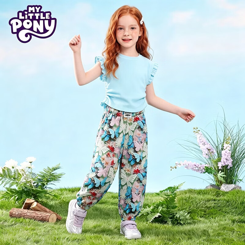 小马宝莉(MY LITTLE PONY)女童夏季韩版网红炸街套装中大儿童新款上衣防蚊裤两件套 清新蓝套装XMBL15 150 建议140-150cm