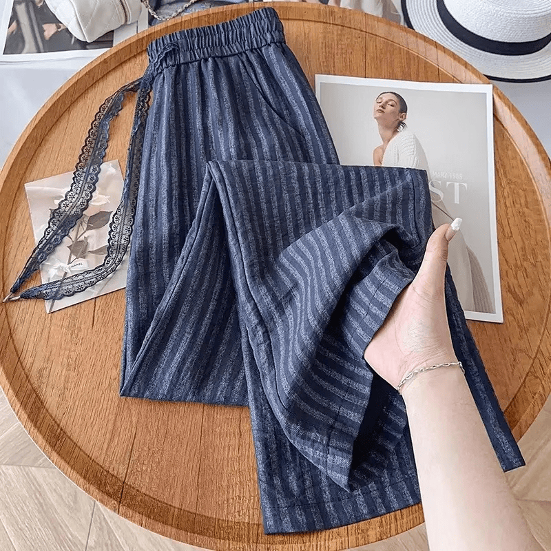 2026春夏新款藏蓝色条纹亚麻直筒休闲裤时尚天丝蕾丝腰带阔腿裤 藏青色【长裤】 L 105-115斤