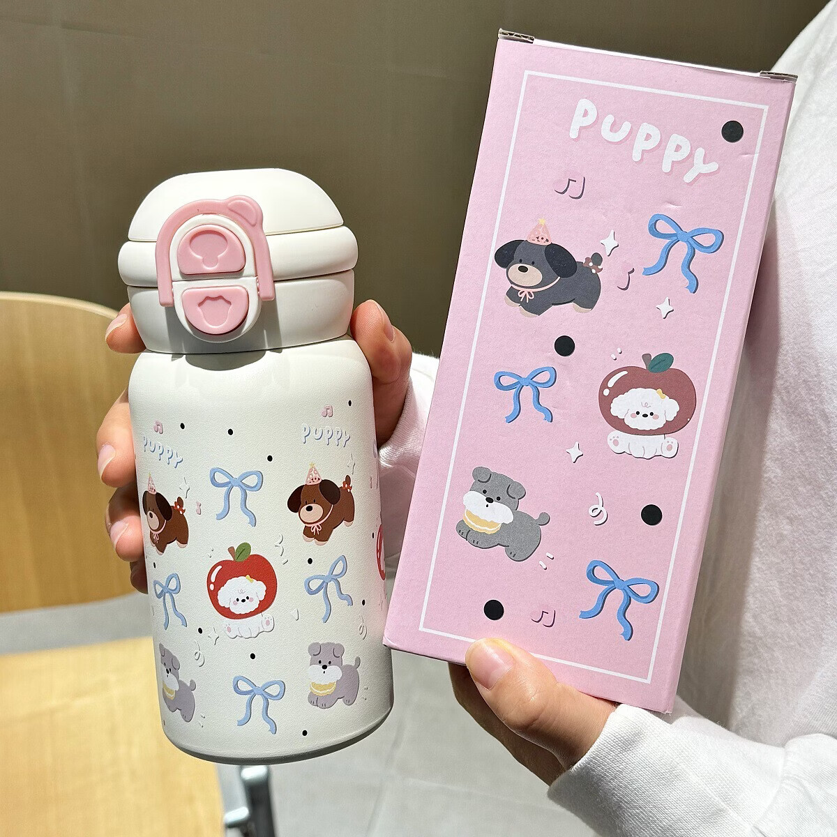溥畔双饮水杯女高颜值可爱学生便携不锈钢吸管子 西高地双饮杯+白色500ML(PC款)