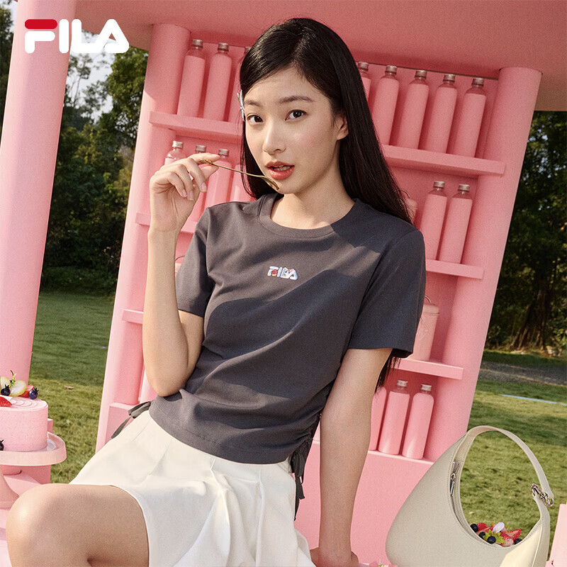 FILA斐乐官方女子针织短袖衫2026夏新款时尚休闲刺绣logo修身T恤女 沉稳灰-DY S 160/80A/S