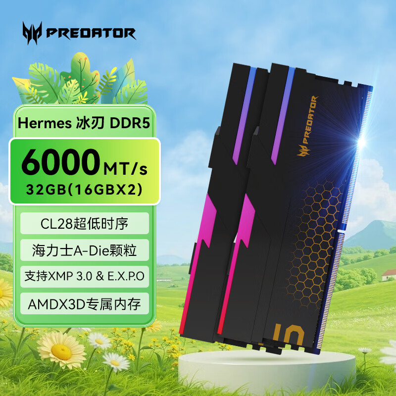 宏碁掠夺者（PREDATOR）32G(16G×2)套装 DDR5 6000频率 台式机内存条 Hermes冰刃系列 RGB灯条(C28) 石耀黑 AI电脑配件