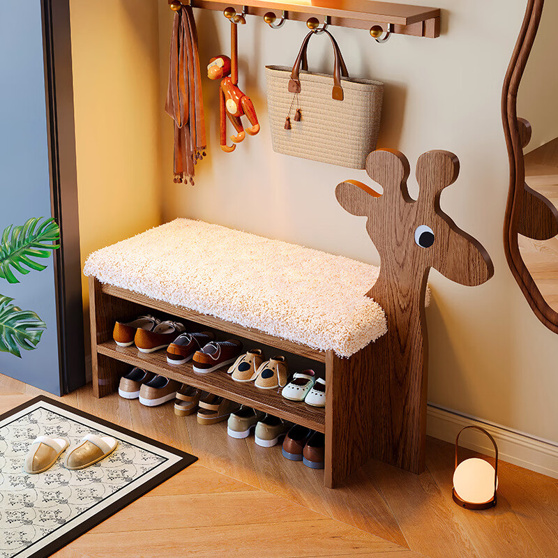 暖堂 WARM HALL实木卡通动物换鞋凳可爱网红创意门口家用入户穿鞋凳可坐 【樱桃木色】100cm-小鹿换鞋凳亲肤泰迪绒 FAS级全橡胶木 送货上门