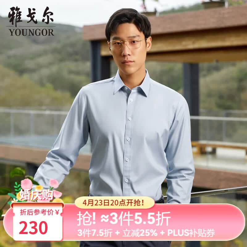 雅戈尔（YOUNGOR）长袖衬衫男白色DP免烫衬衫纯棉面料舒适抗皱平整易打理 GLDP16384GQA湖蓝 41