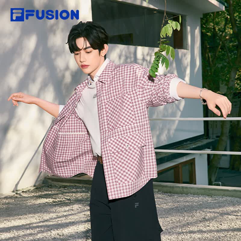 FILA FUSION斐乐潮牌章昊同款情侣款梭织上衣2026夏新款宽松格子衬衫 茜草红-PC L 175/96A/L