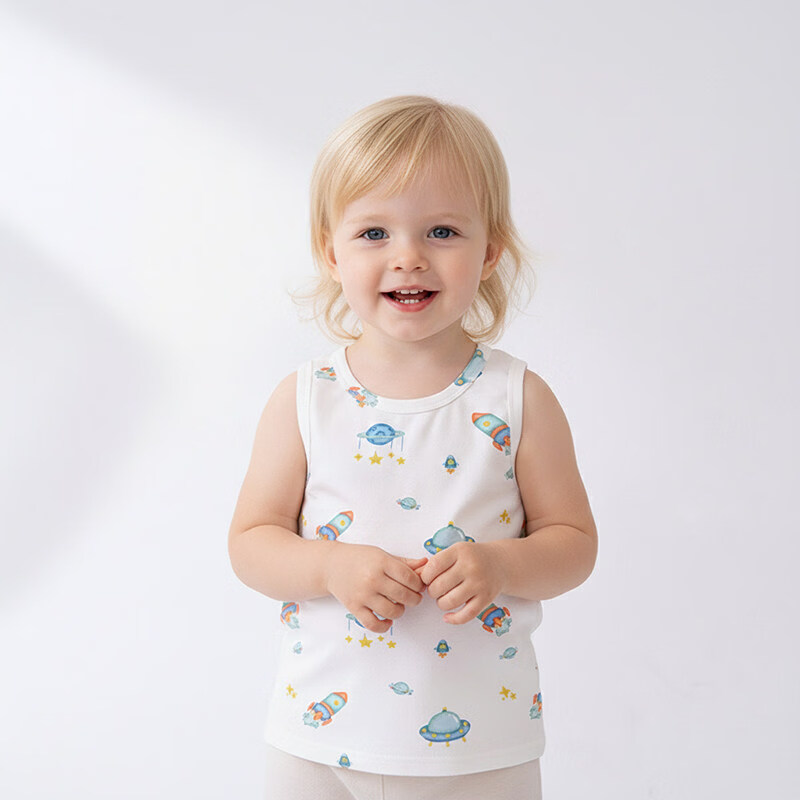 小猪大卫 PECODAVID婴儿背心夏男女宝宝薄款无袖上衣A类打底汗衫工字小背心 宇宙飞船 120